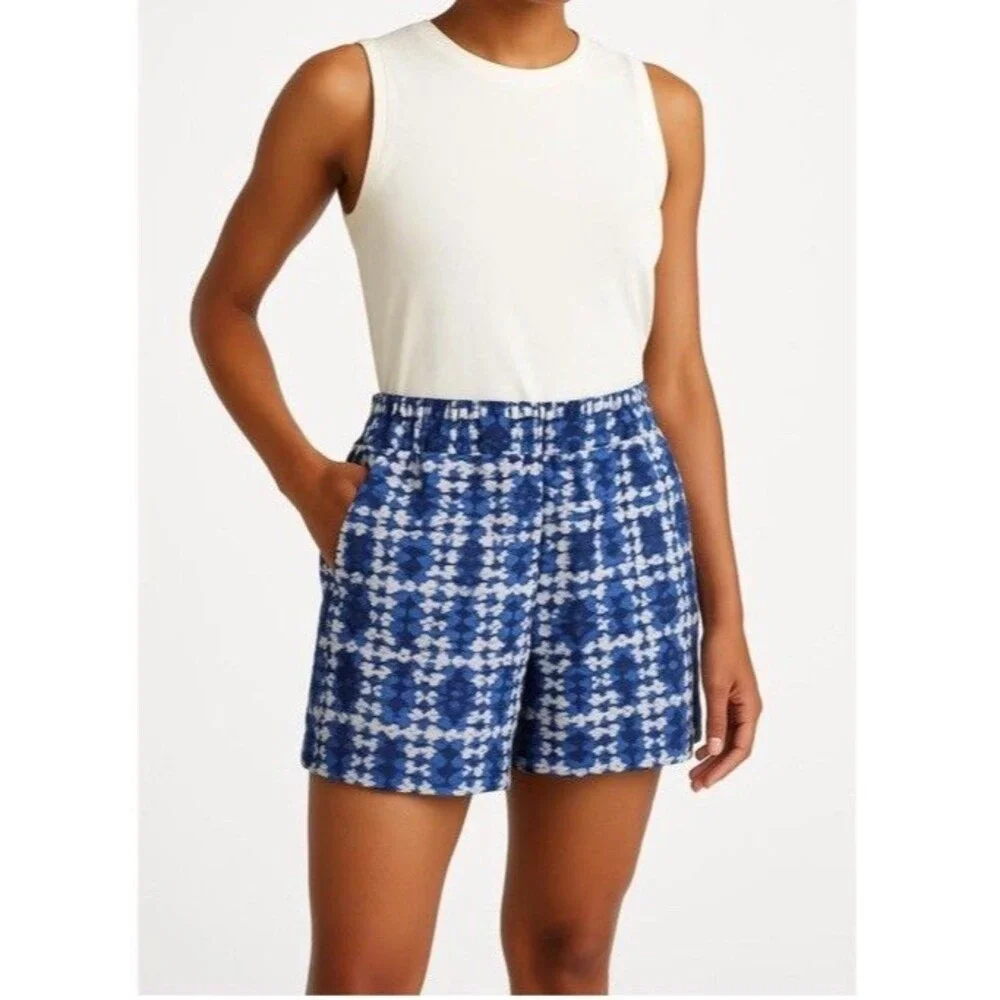 J Crew Women Boardwalk Elastic Pull On Shorts  Geometrc Multi Blue LINEN BLEND 2